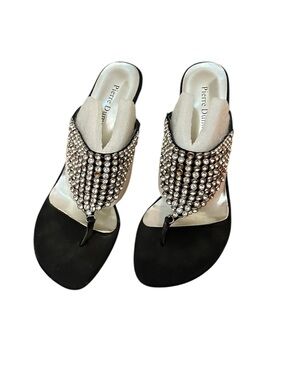 Pierre Dumas Black Jeweled Thong Sandals with Silver Accents